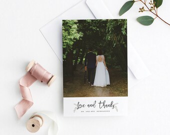 Printable Wedding Thank You Card with Photo, Greenery Thank You Wedding Postcard, Photo Thank You Cards, Wreath Thank You Wedding Cards PDF