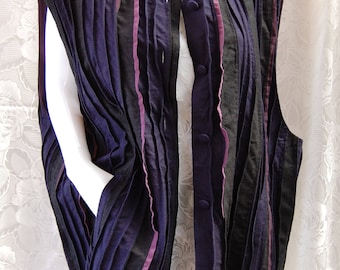 Vintage Hulda Bridgeman Wearable Art Pleated Silk Noile Vest Sleeveless Jacket with Pockets Plus Size XL Navy Black Eggplant Purple Like New