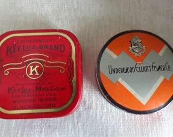 Vintage typewriter ribbon tins, Underwood Kee Lox and Underwood Elliott Fisher