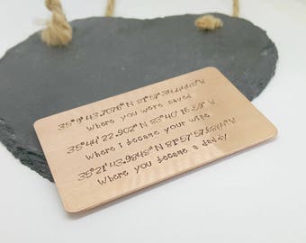 Copper gifts for men, Custom hand stamped wallet insert, Copper anniversary gift, Personalised 7th wedding gift, Copper Wallet insert Card
