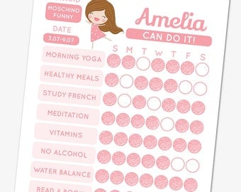 Pink girl habit tracker template, editable goal tracker, printable chore chart, planner pages, weekly habit planner, habit checklist