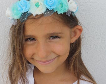 Aqua blue headband, accessories girls, flower girl headband, hard plastic headband, fiori capelli, flower crown, hair band, flower headband