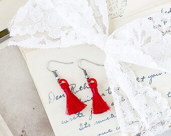 Dainty Earrings with Tassels - Red Tassel Earrings - Red Earrings - Red Dangle Earrings - Colorful Earrings - Best Friend Earrings