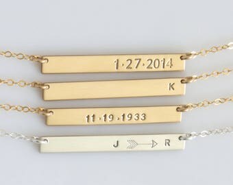 Personalized Skinny Bar Necklace/ Gold Filled Custom Hand Stamped Necklace/ Personalized Jewelry/Sterling Silver/Gift for Wife/Date Necklace