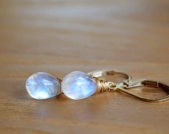 Moonstone Earrings, Rainbow Moonstone Earrings, June Birthstone, Wire wrapped, Leverback Earrings, Gold Filled, Rose Gold, Sterling Silver