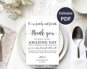 Wedding Thank You Note Template, Wedding Table Thank You, Thank You Card, Reception Thank You Cards, Guest Thank You, DIY Template
