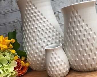 Carved white vase - wheel thrown pottery vase - modern carved pattern - made to order in multiple sizes and colors - custom ceramic vase