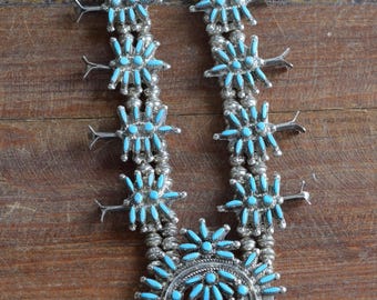 Zuni Silver and Needlepoint Turquoise Squash Blossom Necklace