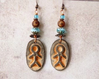 Boho Earrings, Bohemian Jewelry, Ethnic Earrings, Ceramic Earrings, Handmade Jewelry, Primitive Tribal Native American African Southwest