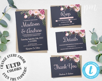 Blue Floral Wedding Invitation Template Set, Floral Wedding Invite, Instant Download, Printable Invitation, Easy to Edit Wedding Invites