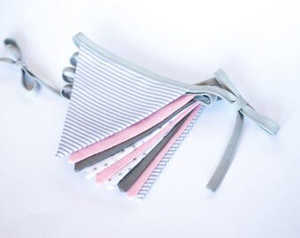 Decorative bunting banner garland, shabby chic fabric bunting flags, blush pink grey white pennants, baby bunting, pastel wall hanging