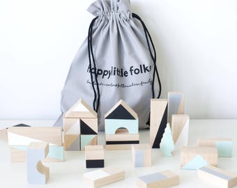 24 Wooden blocks in Mint & Monochrome colours packed in cotton bag - Building blocks - Wooden toys - Eco toys - Baby toddler Christmas gift