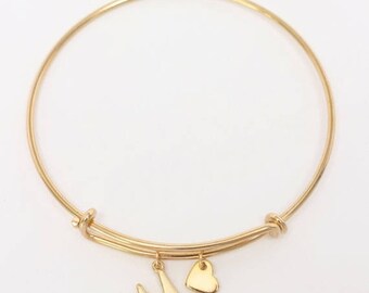 ON SALE Gold or Silver Love Travel Bracelet, Airplane & Heart Bangle, Pilot Bracelet, Flight Attendant Bangle, World Traveler, Study Abroad