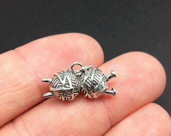 3D Sterling Silver Yarn With Knitting Needle Charm, Sewing, .925 Silver, DIY, Bracelet Charms, Nickel Free (C414)