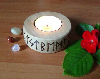 Wooden runes candle holder pagan decor witchcraft witch tools wiccan tools altar tools kitchen witch wicca candles altar candle futhark