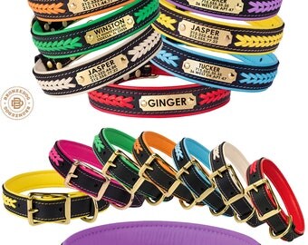Braided Leather Dog Collar with Name Plate Personalized Custom Brass Hardware Black Brown Soft Padded