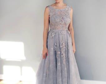 Gray Blue Lace Wedding Dress