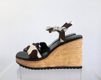Chunky Wooden Cow Print Wedge Sandals Size 41 10/11
