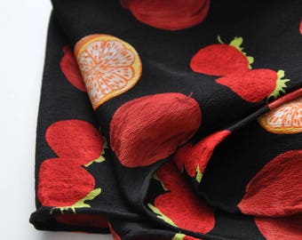 Vintage 90s silk scarf, fruit print scarf, cherry print scarf, long silk scarf, black and red scarf, hipster scarf