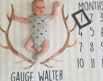 Baby Month Milestone Blanket- Antlers - Arrows - Boy - Personalized Baby Blanket - New Mom Baby Shower Gift