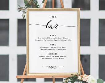 The Bar Sign, Bar Menu Sign, Wedding Bar Sign, Wedding Sign, Wedding Bar Menu Printable, Drink Menu, Instant Download, calligraphy #SPP007bm