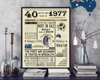 40th Birthday 1977 Chalkboard Poster Sign, Australian events, Personalized, Digital Printable File, 40 Years Ago in 1977, 40th Birthday Gift