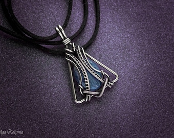 Silver pendant Mens pendant Kyanite Wire wrapped pendant Mens necklace Kyanite pendant Silver necklace gift for him