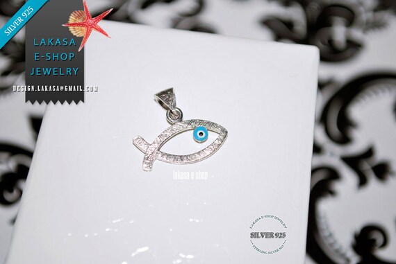 Fish Enamel Blue Eye Sterling Silver white Gold plated Religious Handmade Jewelry Baby Boy Girl Shower Day Mommy Baptism Newborn Men Unisex