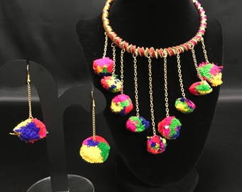 Pom Pom Jewelry - Garba Jewellery - Navratri Jewelry - Pom Pom Earrings - Indian Jewellery - Festival Jewelry Set - Indian Tribal Jewelry -