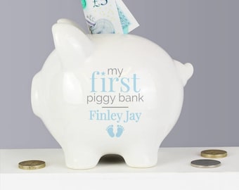 PERSONALISED Piggy Bank. Gift For BABY BOYS. White and Blue Money Box. New Born Baby Moneybox. Gift For Newborn, Baby Shower, Christening