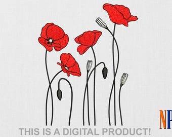 Poppy machine embroidery design. Flowers embroidery. Plants embroidery. Embroidery file