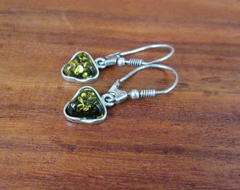 925 Sterling Silver Green Amber Earrings - Vintage
