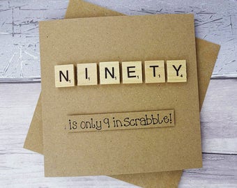 90th birthday card, Ninetieth Scrabble card, Funny birthday card, Handmade Happy Birthday Scrabble tile card, Wooden alphabet tiles, Age