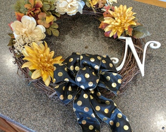 Monogrammed Mixed Flower Rustic Burlap Fall Door Wreath 18in diameter