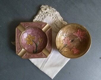 Ashtray vintage enameled brass and matching Cup. Vintage brass ashtray