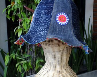 Jeans and Hmong tribes cloth Tulip Hat(8 brim pattern)