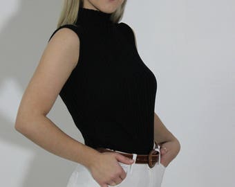 Knitted tank top, Turtle neck, Sleeveless top, One size fits most, Black top,