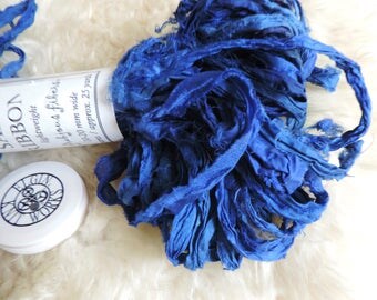 Sari Ribbon, "Sapphire Blue" by Frabjous Fibers, 25 Yards, 10 to 20 mm Wide, Hand Cut Silk Ribbon