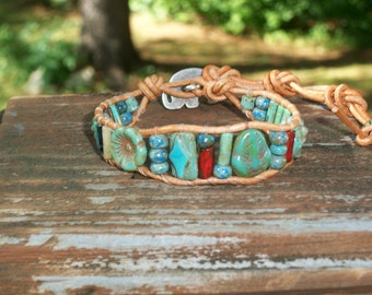 Rustic Turquoise Beaded Wrap Bracelet