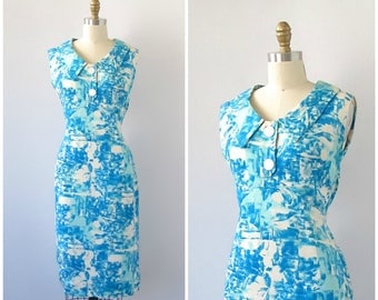 FOR ART SAKE Vintage 60s Dress | 1960's Linen Shift Dress | Blue & White Watercolor Abstract Print | 60s 1960s Summer Day Picnic | Sz Large