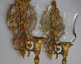 Vintage Pair Gold Brass Wall Sconces Hollywood Regency Candle Holders With Votives Ornate Wall Sconces Candle Holders Wall Art