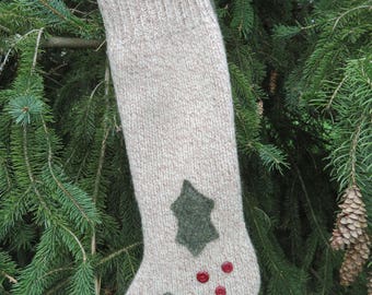 100% Felted wool Christmas stocking upcycled sweater green/red/tan holly