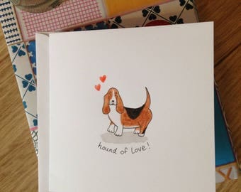 Hand painted basset hound dog card - hound of love!