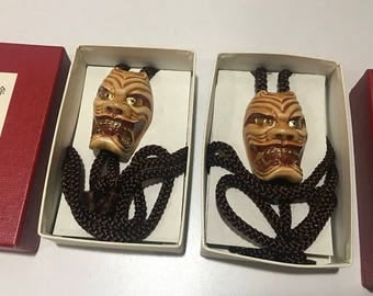 Vintage Porcelain Ceramic Kabuki Mask Bolo Tie Necklace set of 2