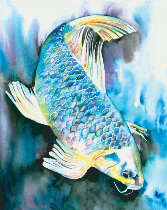 Fine Art Watercolor Print White Carp Koi Fish Scales