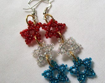 Beaded Star Earrings, Red White and Blue, Seed Bead Earrings, Star Earrings, Beaded Dangle Earrings, Red White and Blue Star Earrings