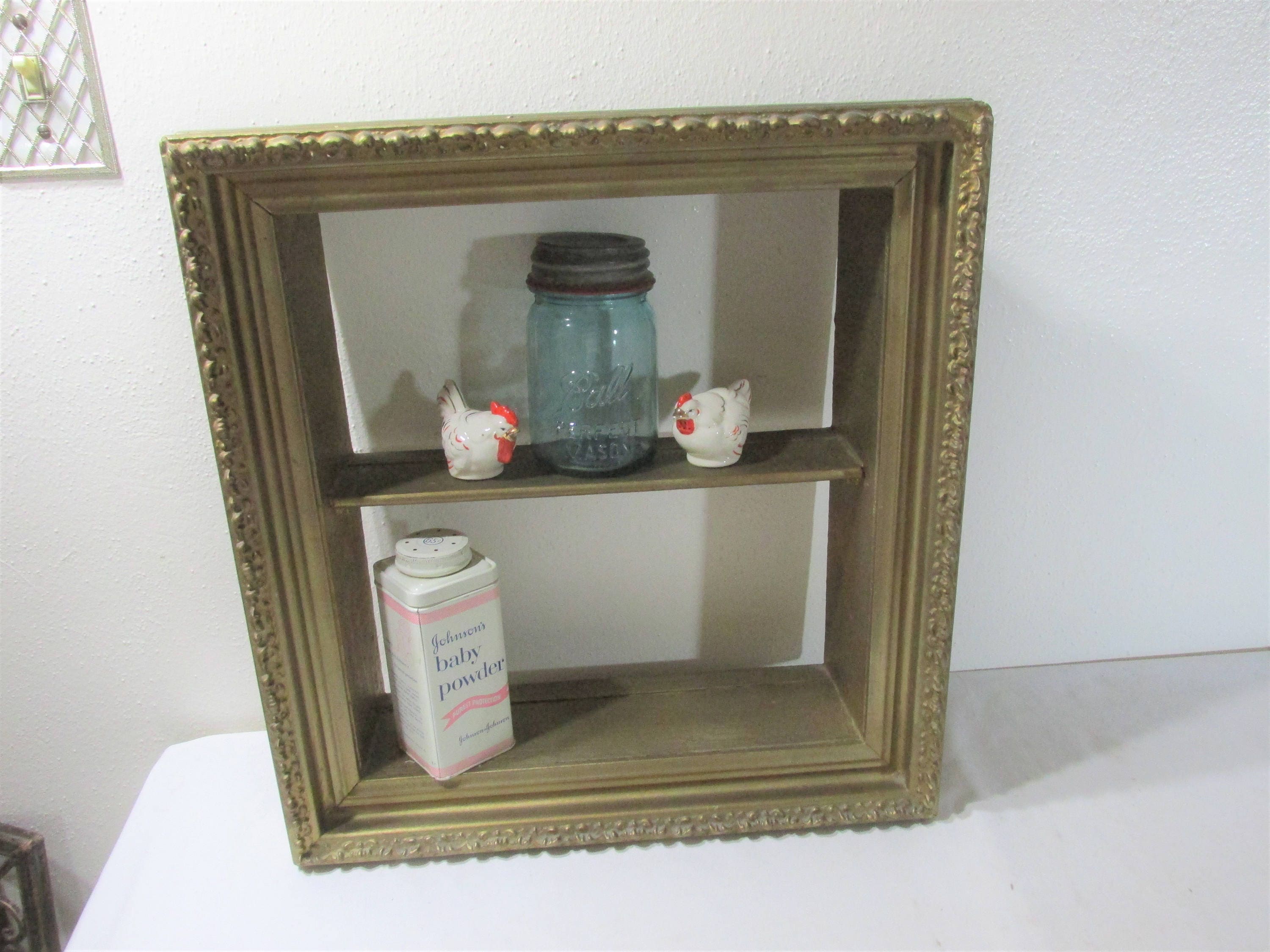 Antique Curio Shadow Box Wall Hanging Shelf Gesso Framed