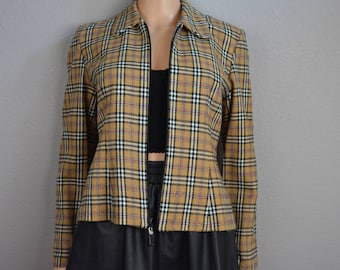 90s Plaid Zip Up Jacket "Clueless" Camel Colored Jacket Long Sleeve Soft Acrylic Size 6 Medium 90s Clothing