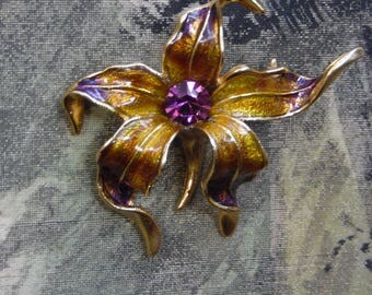 Vintage Enamel Purple and Golden Enamel Orchid Brooch with Purple Rhinestone 3" x 3"