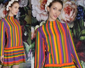 Vintage 70s Rainbow Mini Pleated Skirt Boho Hippie Festival Dress - 1970s Dresses - 70s Clothing - WV0447